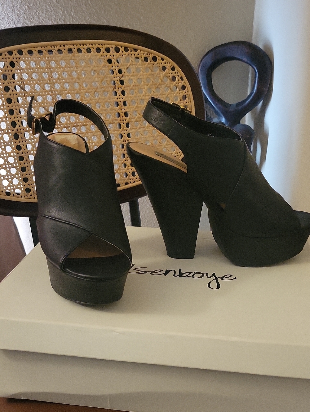 Olsenboye Black Peep-Toe Platform Slingback Heels